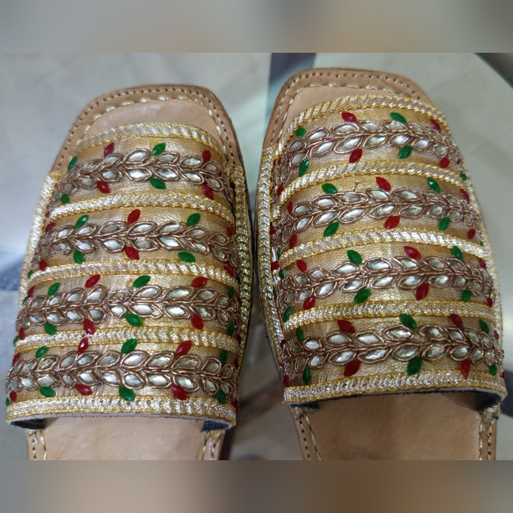 Handmade,Leather Material,Non-slip Sole With Stones & Lace Work- Slip Ons